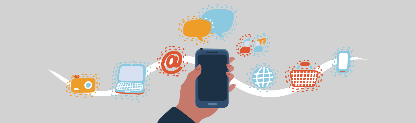 Illustration of hand holding a smart phone with several different icons representing types of virtual communication surrounding it
